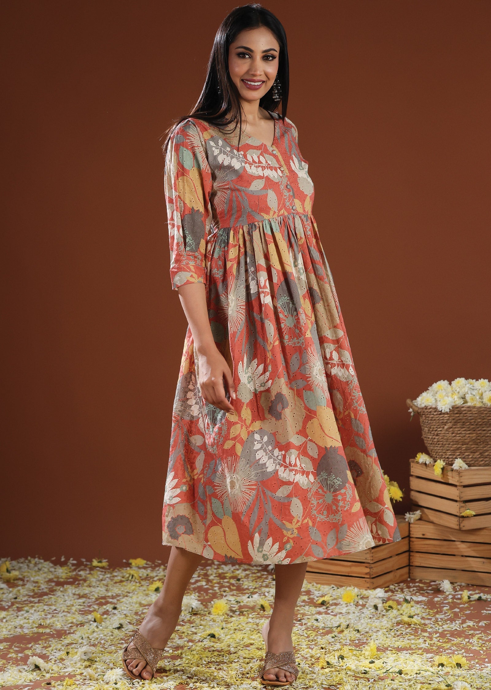 Rust Schiffli Cotton Midi Dress