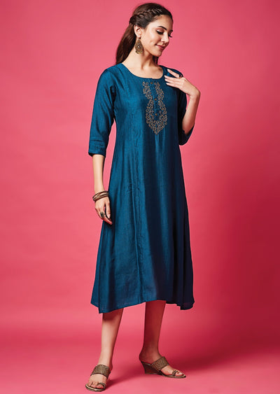 Teal Blue Soft Silk Midi Dress