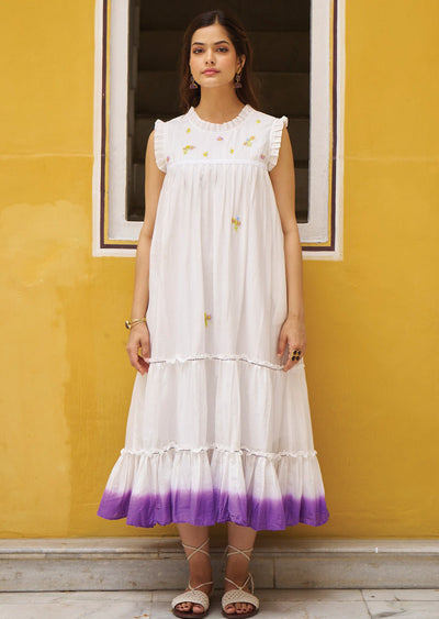 Off White & Purple Cotton Midi Dress