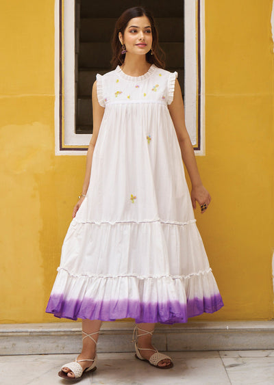 Off White & Purple Cotton Midi Dress