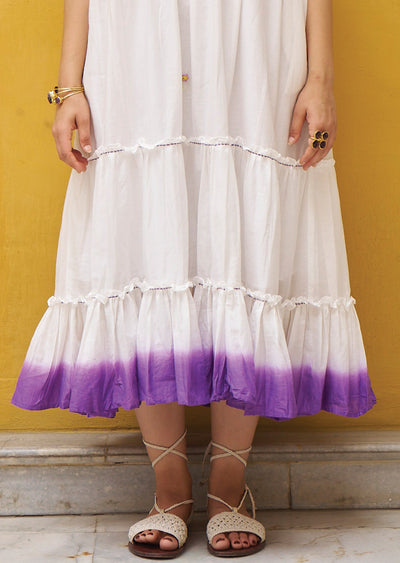 Off White & Purple Cotton Midi Dress