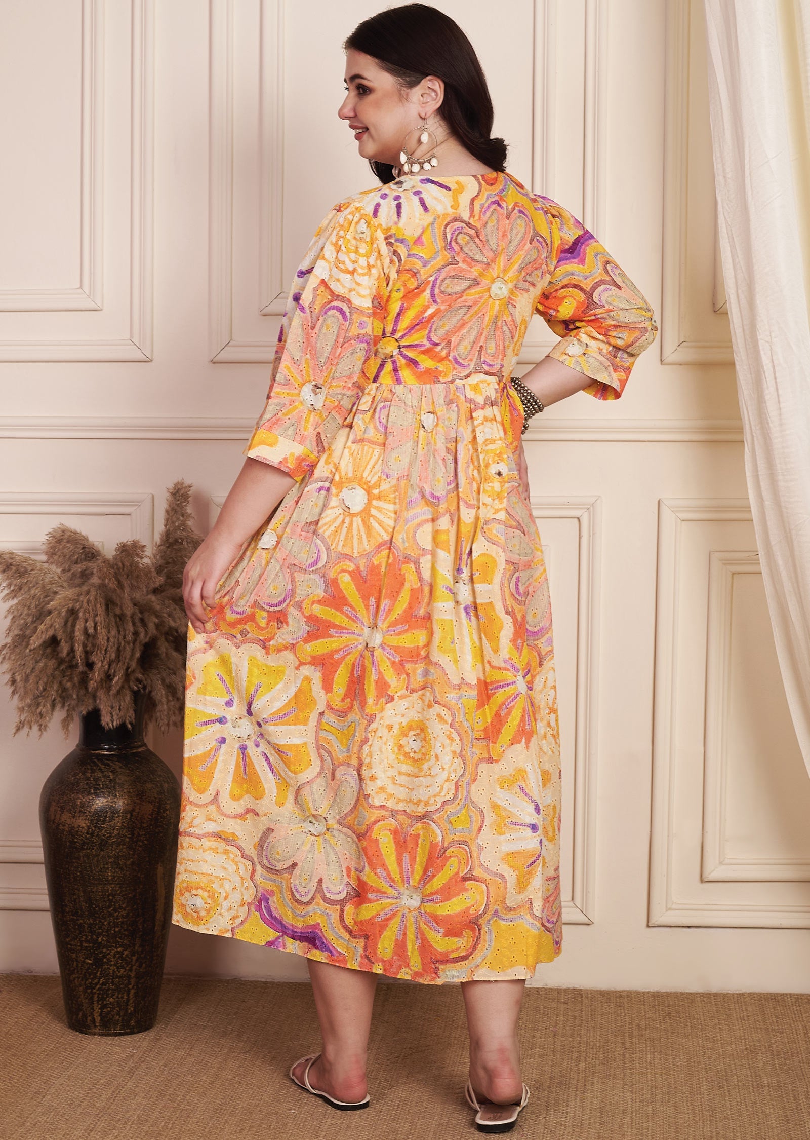 Orange & Multi Schiffli Cotton Midi Dress