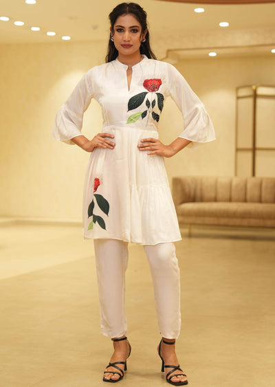 Cream Crepe Printed Kurti Sets