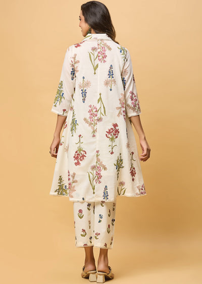 Off White Cotton Straight Cut Kurti Set