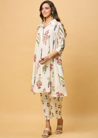 Off White Cotton Straight Cut Kurti Set