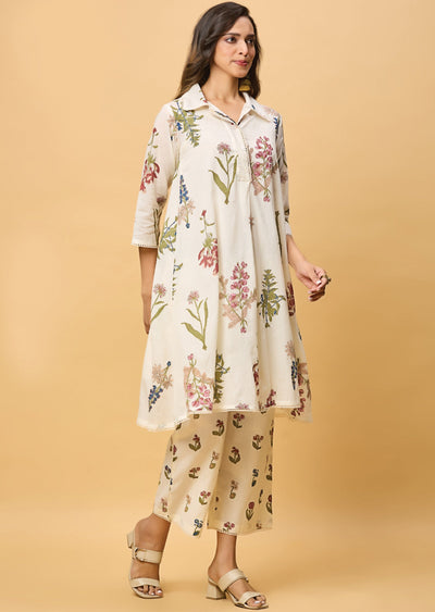 Off White Cotton Straight Cut Kurti Set