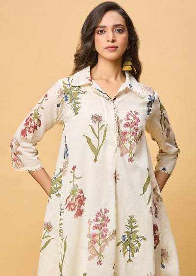 Off White Cotton Straight Cut Kurti Set