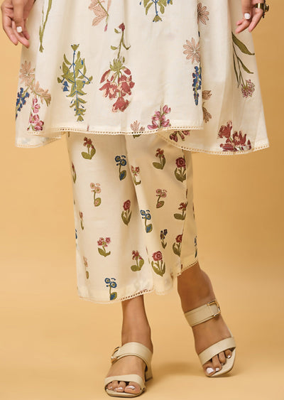 Off White Cotton Straight Cut Kurti Set