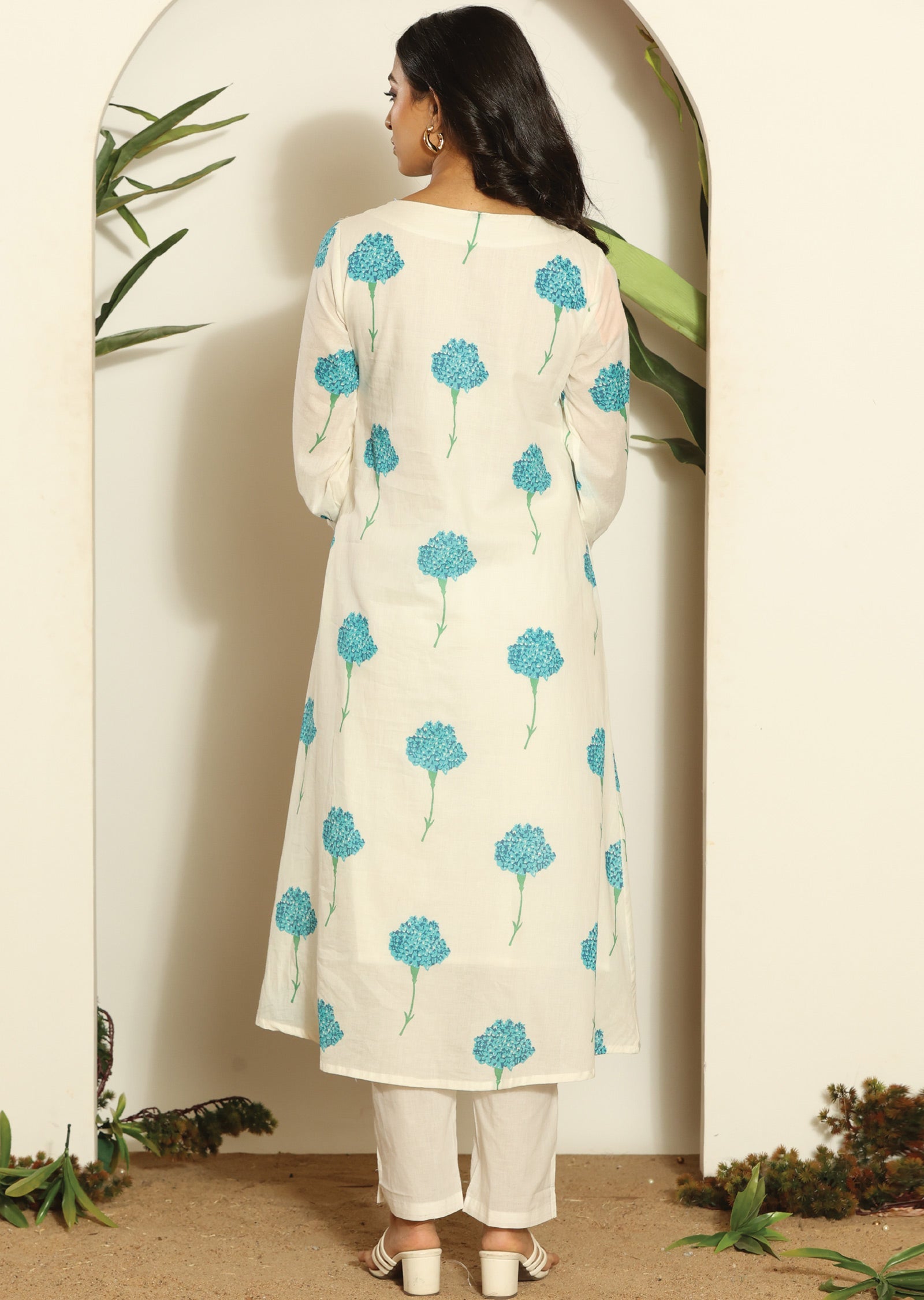 Off White Cotton Straight Cut Kurti Set