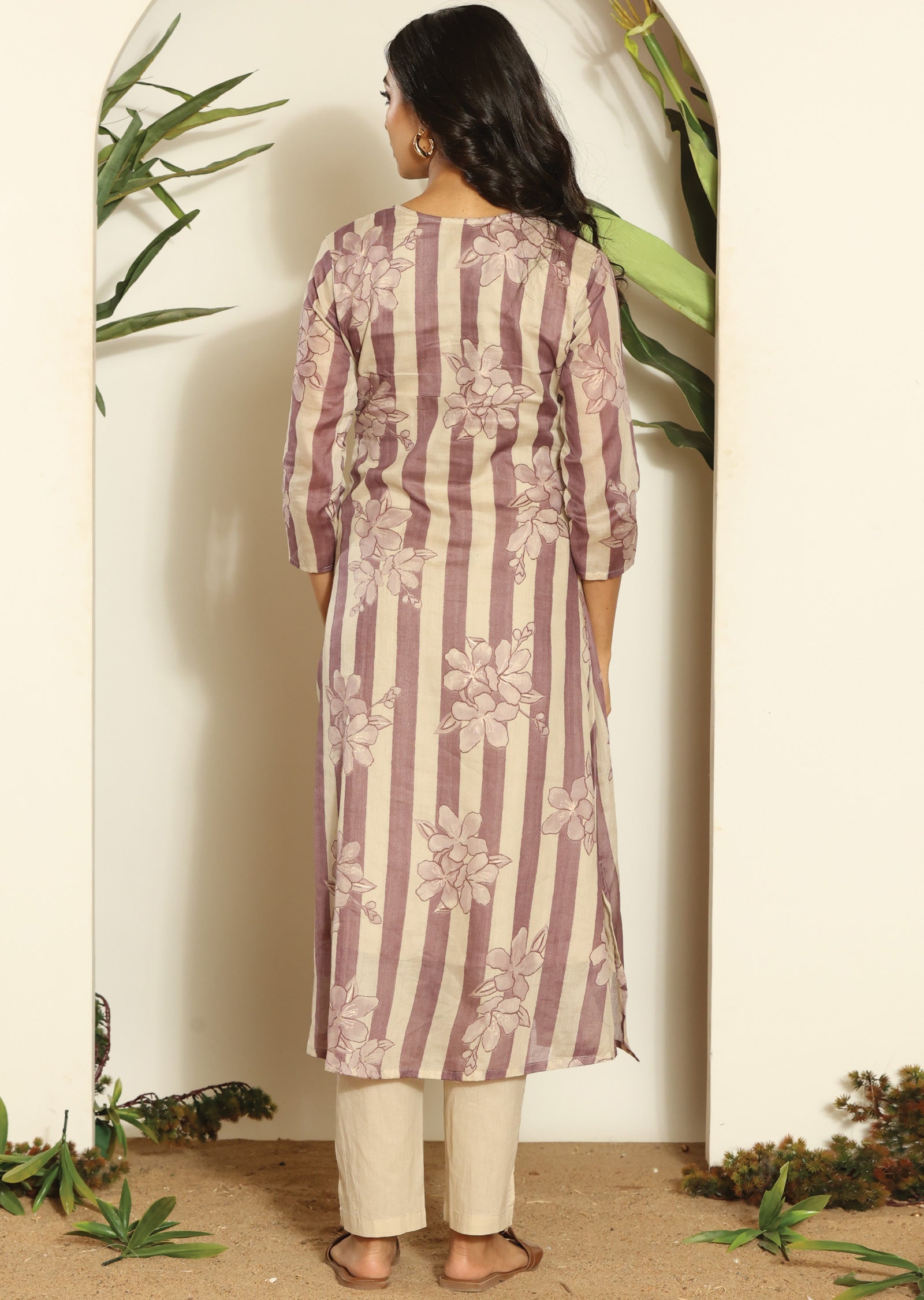 Mauve & Beige Cotton Straight Cut Kurti Set