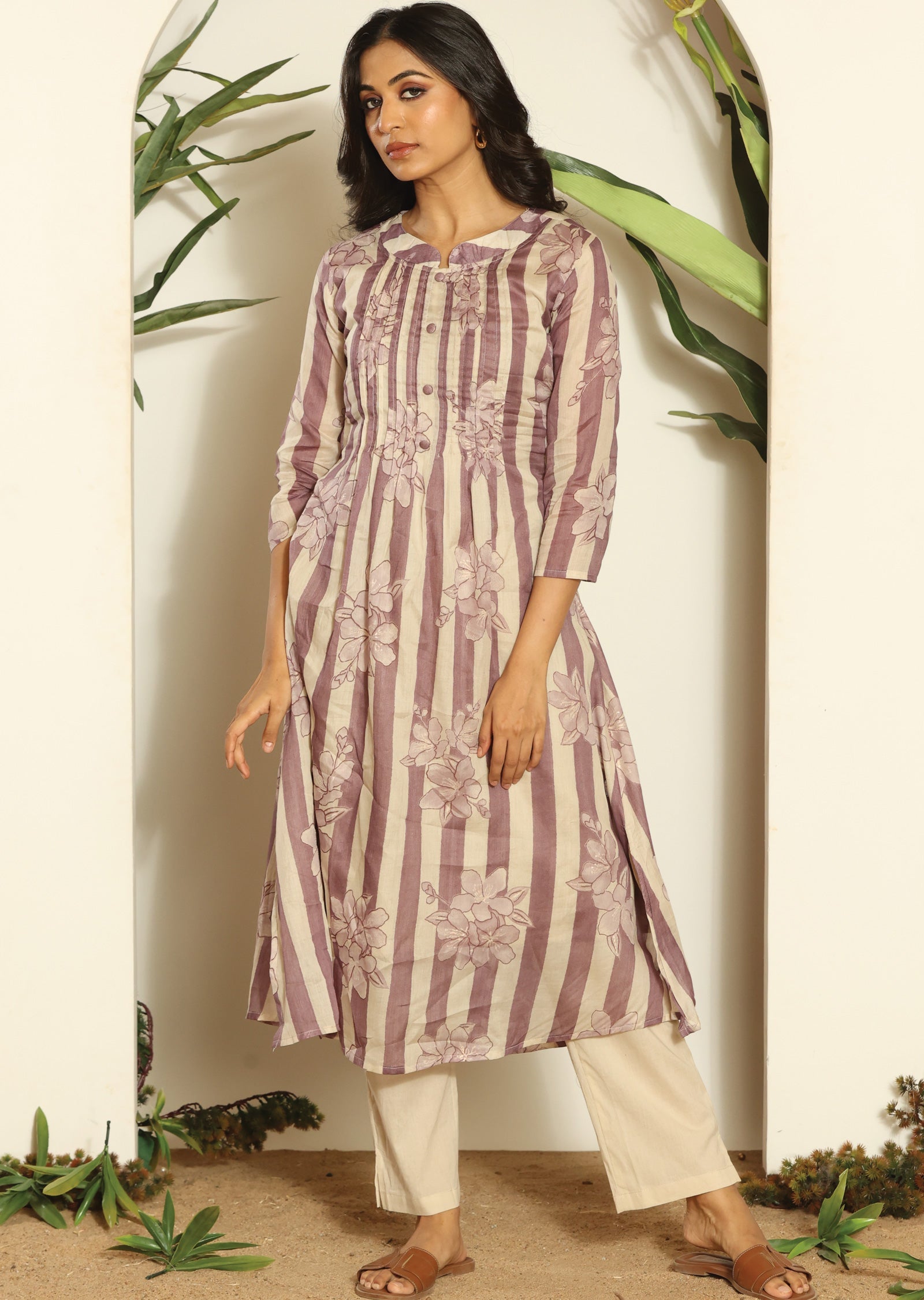 Mauve & Beige Cotton Straight Cut Kurti Set