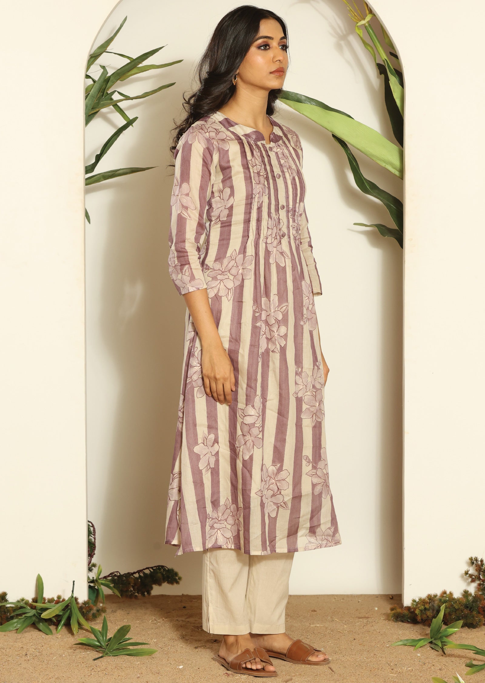 Mauve & Beige Cotton Straight Cut Kurti Set