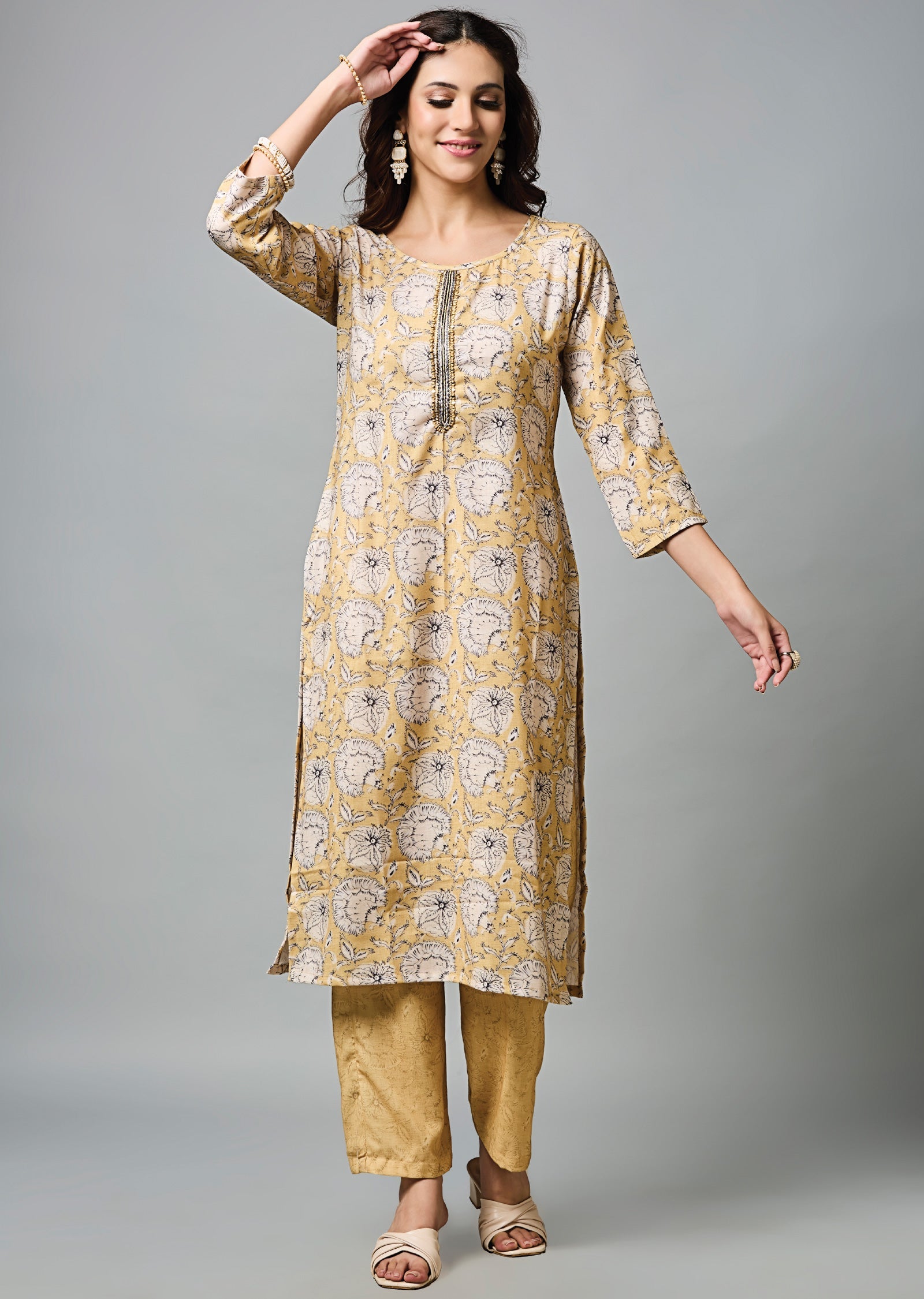 Light Yellow Linen Silk Straight Cut Kurti Set