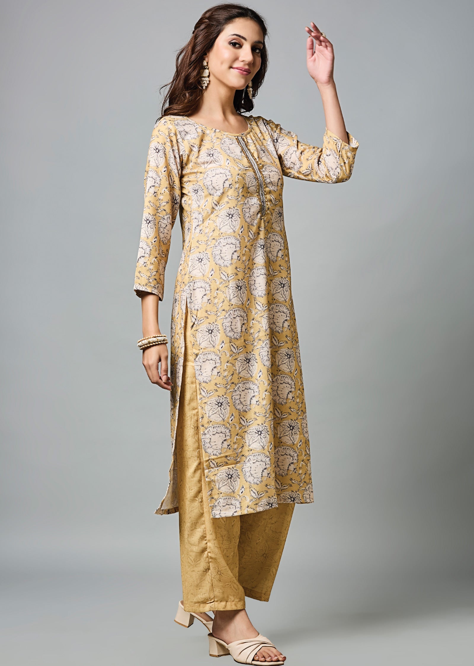 Light Yellow Linen Silk Straight Cut Kurti Set