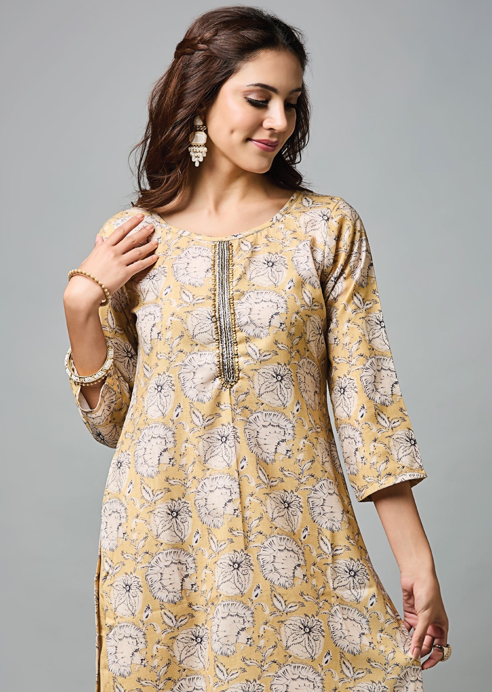 Light Yellow Linen Silk Straight Cut Kurti Set