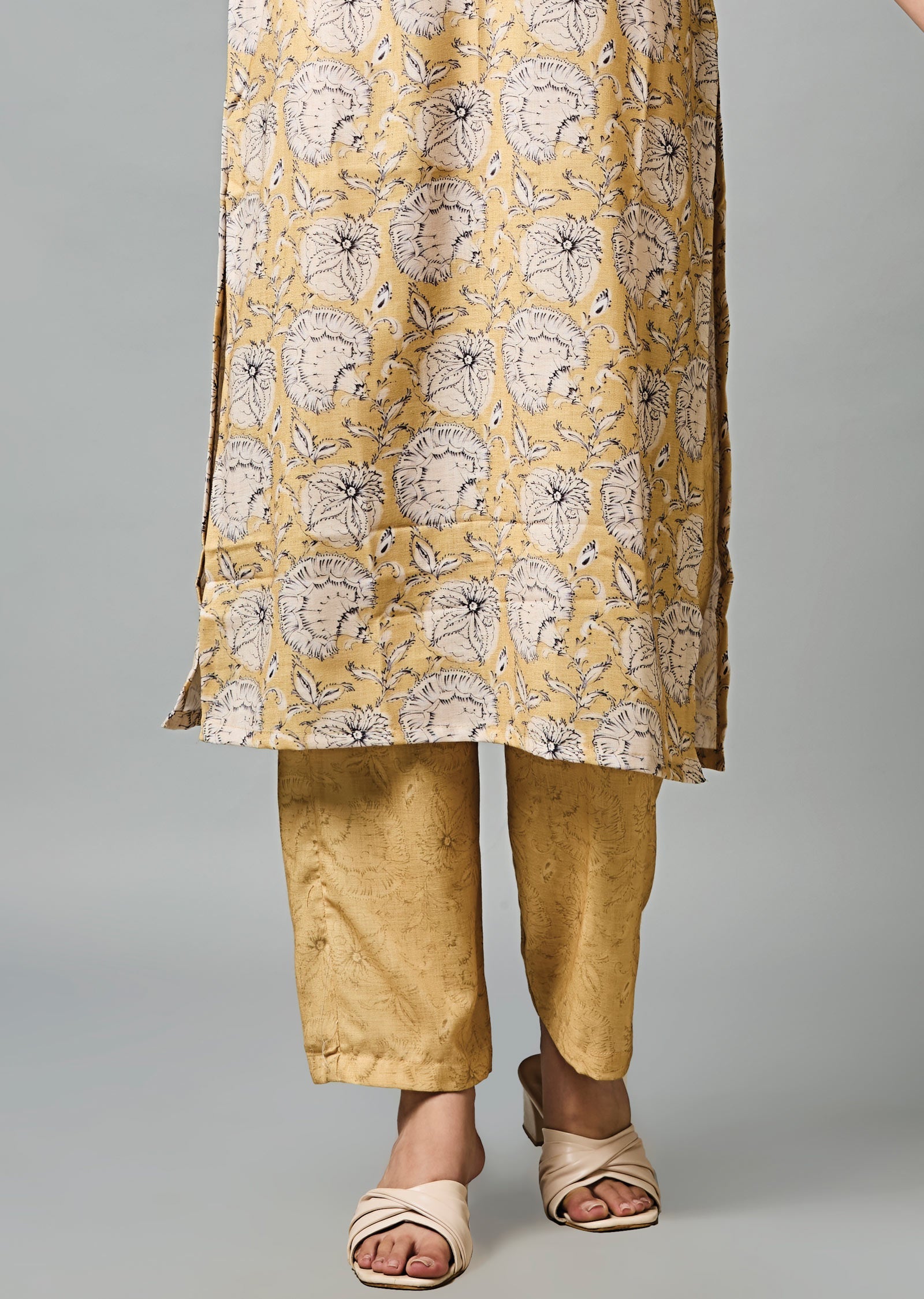 Light Yellow Linen Silk Straight Cut Kurti Set