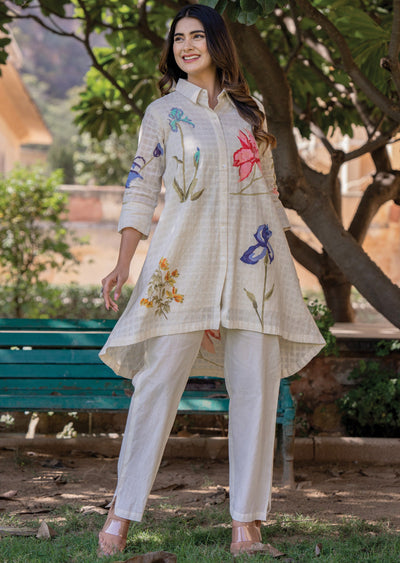 Beige Cotton A-line Short Kurti Set