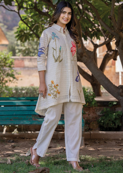 Beige Cotton A-line Short Kurti Set
