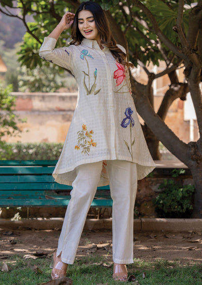 Beige Cotton A-line Short Kurti Set