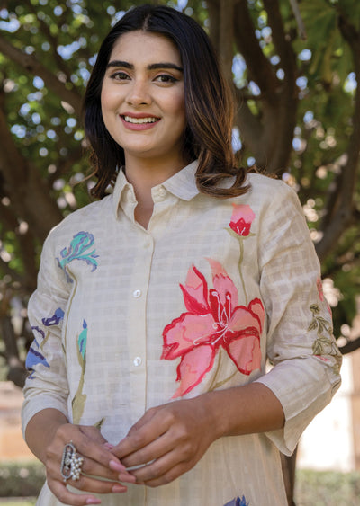 Beige Cotton A-line Short Kurti Set