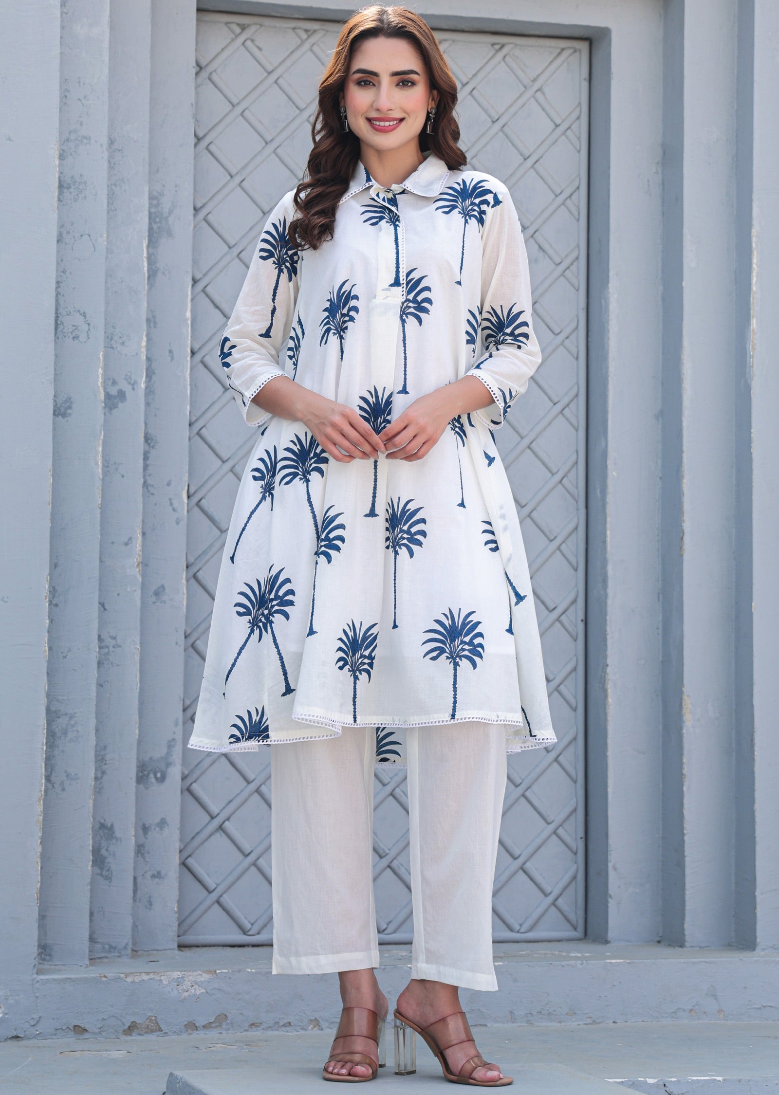 White & Blue Cotton A-line Kurti Set