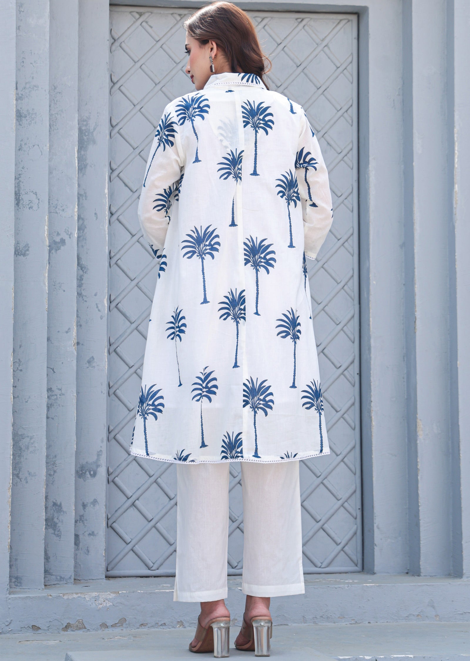 White & Blue Cotton A-line Kurti Set