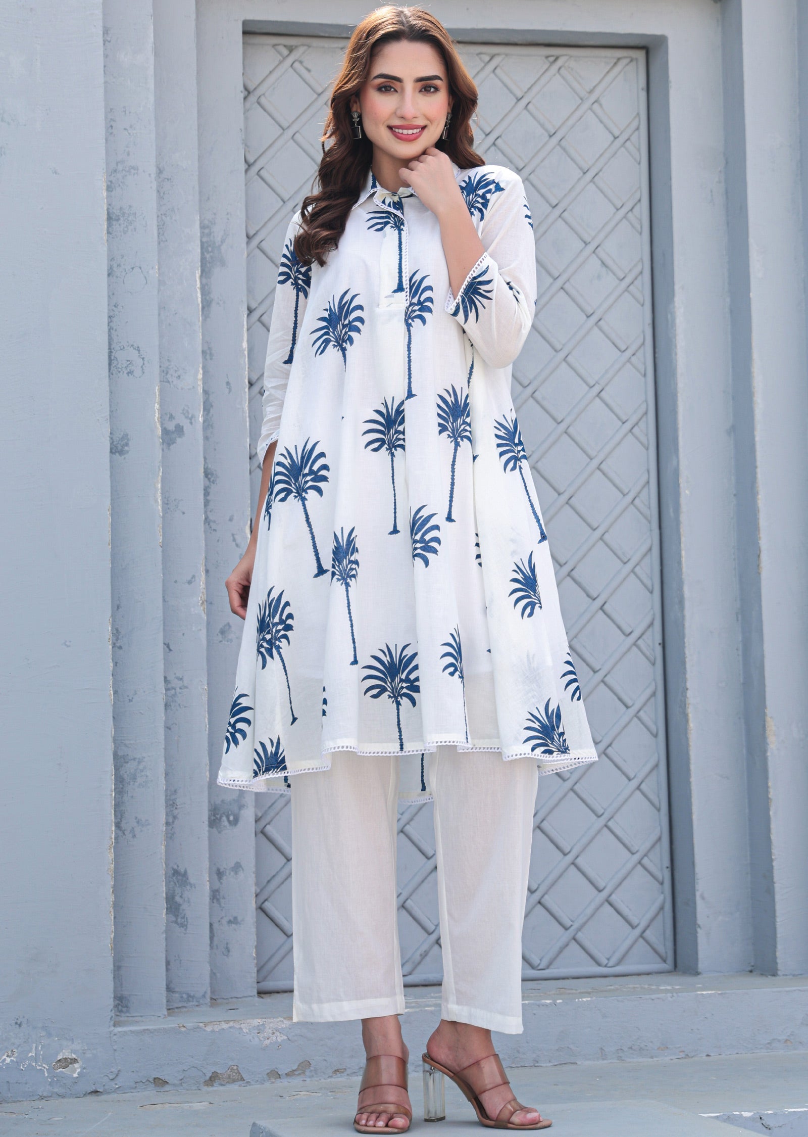 White & Blue Cotton A-line Kurti Set