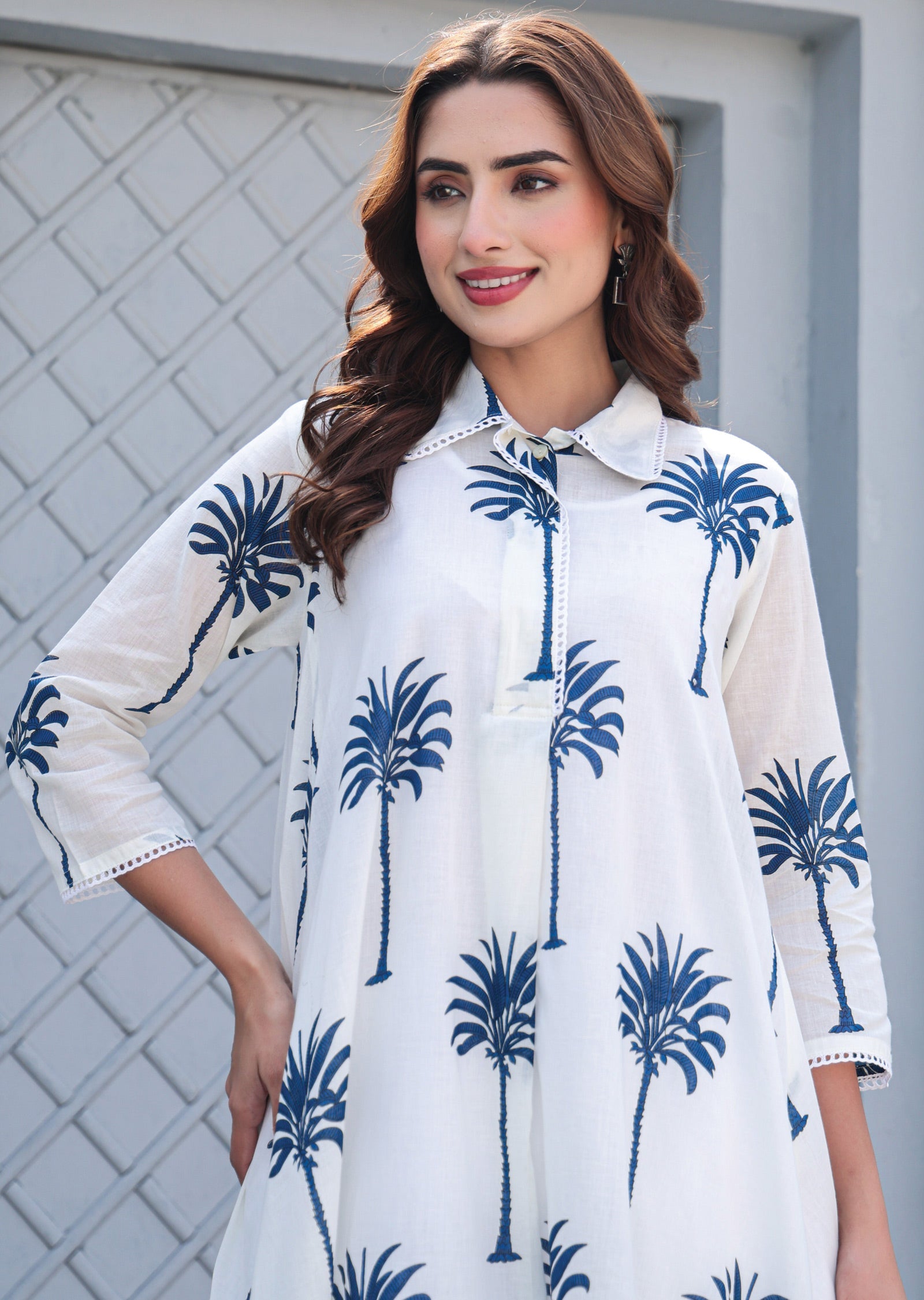 White & Blue Cotton A-line Kurti Set
