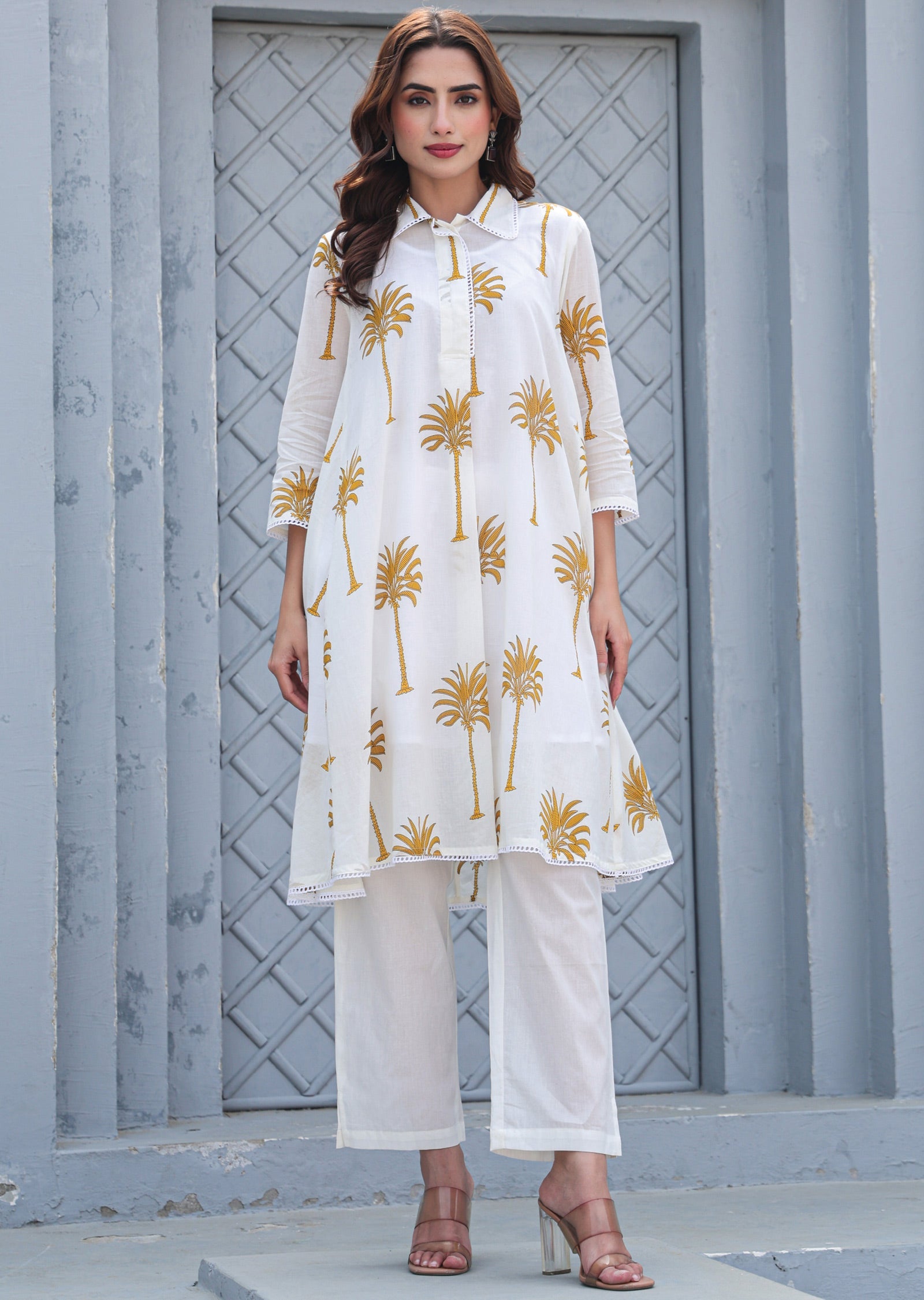 Off-White & Mustard Cotton A-line Kurti Set