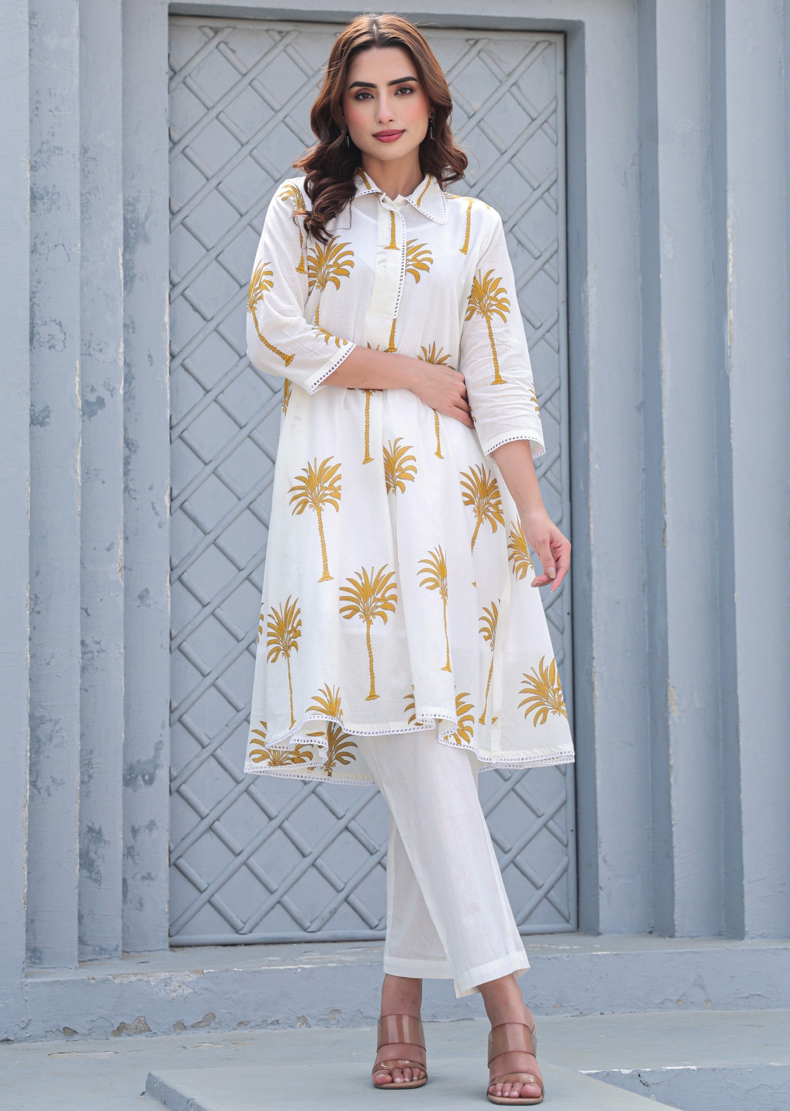 Off-White & Mustard Cotton A-line Kurti Set