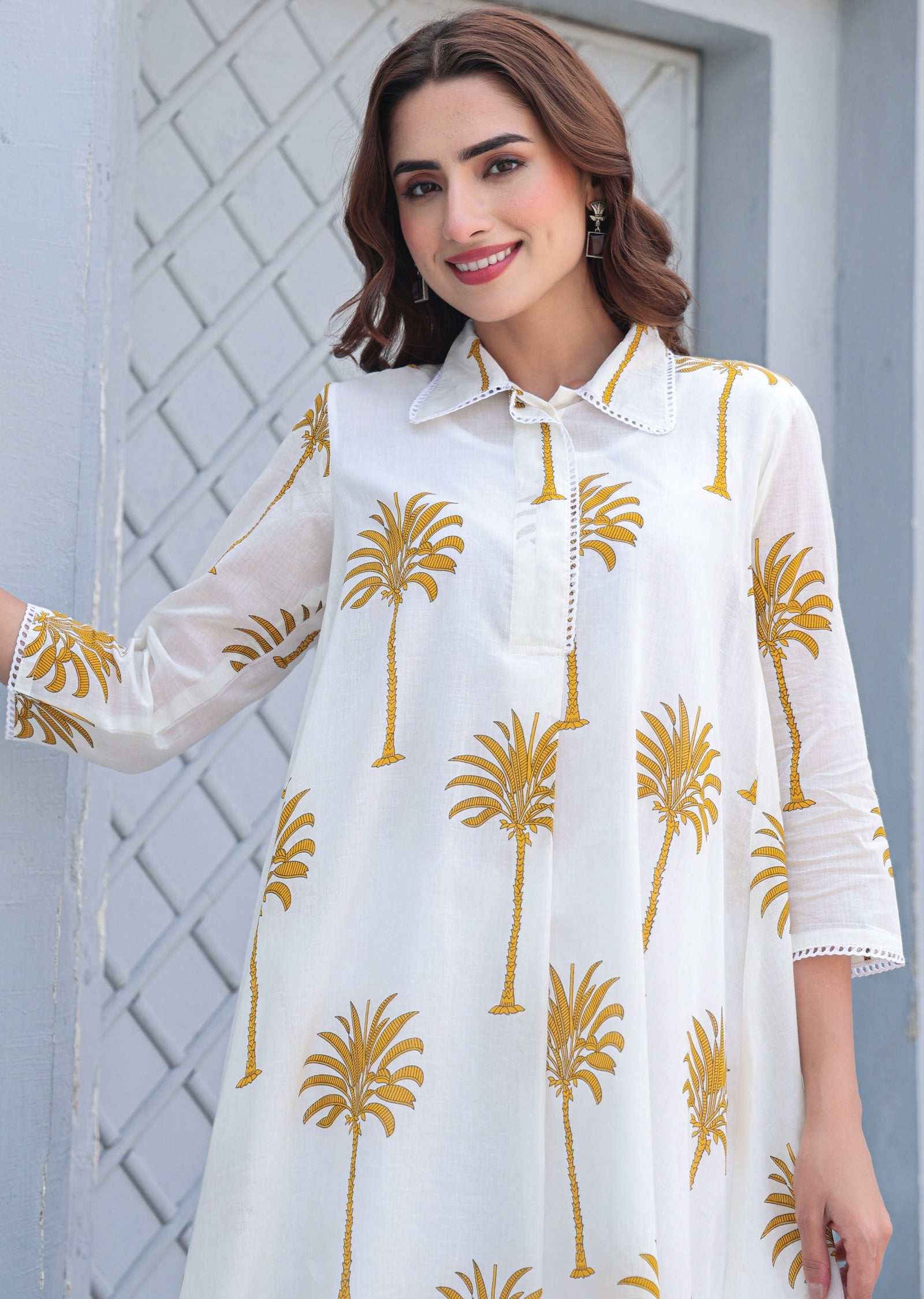 Off-White & Mustard Cotton A-line Kurti Set
