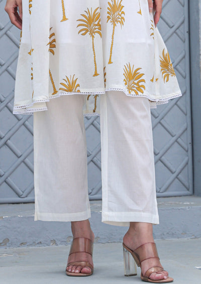 Off-White & Mustard Cotton A-line Kurti Set