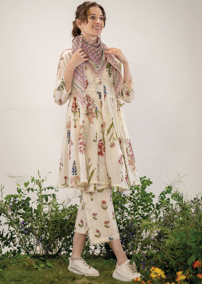 Beige Cotton Angrakha Style Kurti Co-ord Set