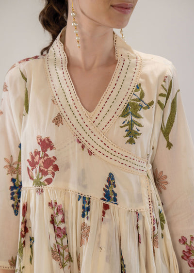 Beige Cotton Angrakha Style Kurti Co-ord Set