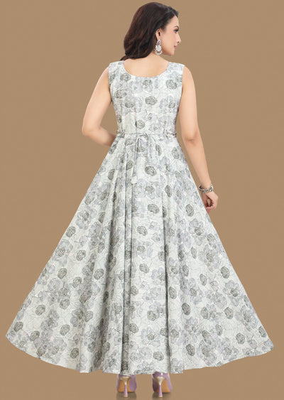 Off White & Green Georgette Long Dress