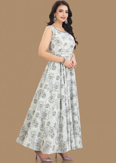 Off White & Green Georgette Long Dress