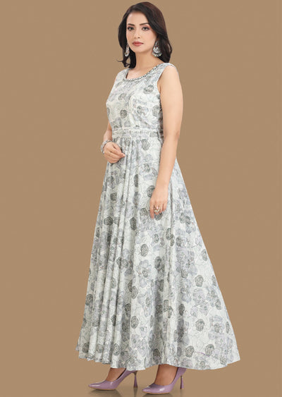 Off White & Green Georgette Long Dress