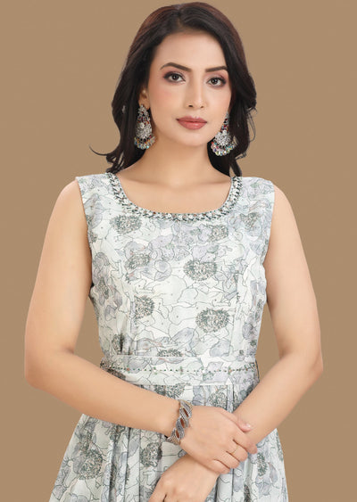 Off White & Green Georgette Long Dress