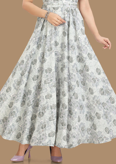 Off White & Green Georgette Long Dress