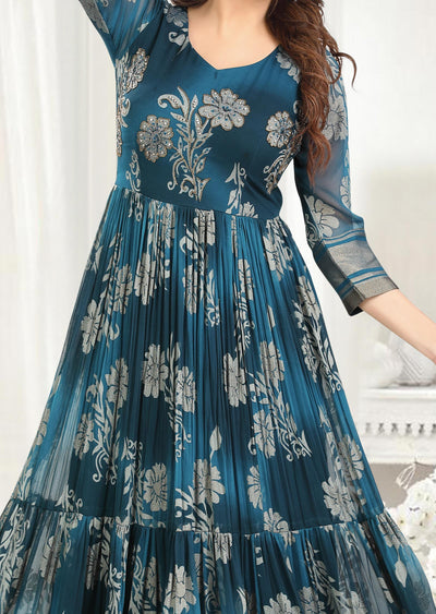 Peacock Blue Brasso Chiffon Long Dress