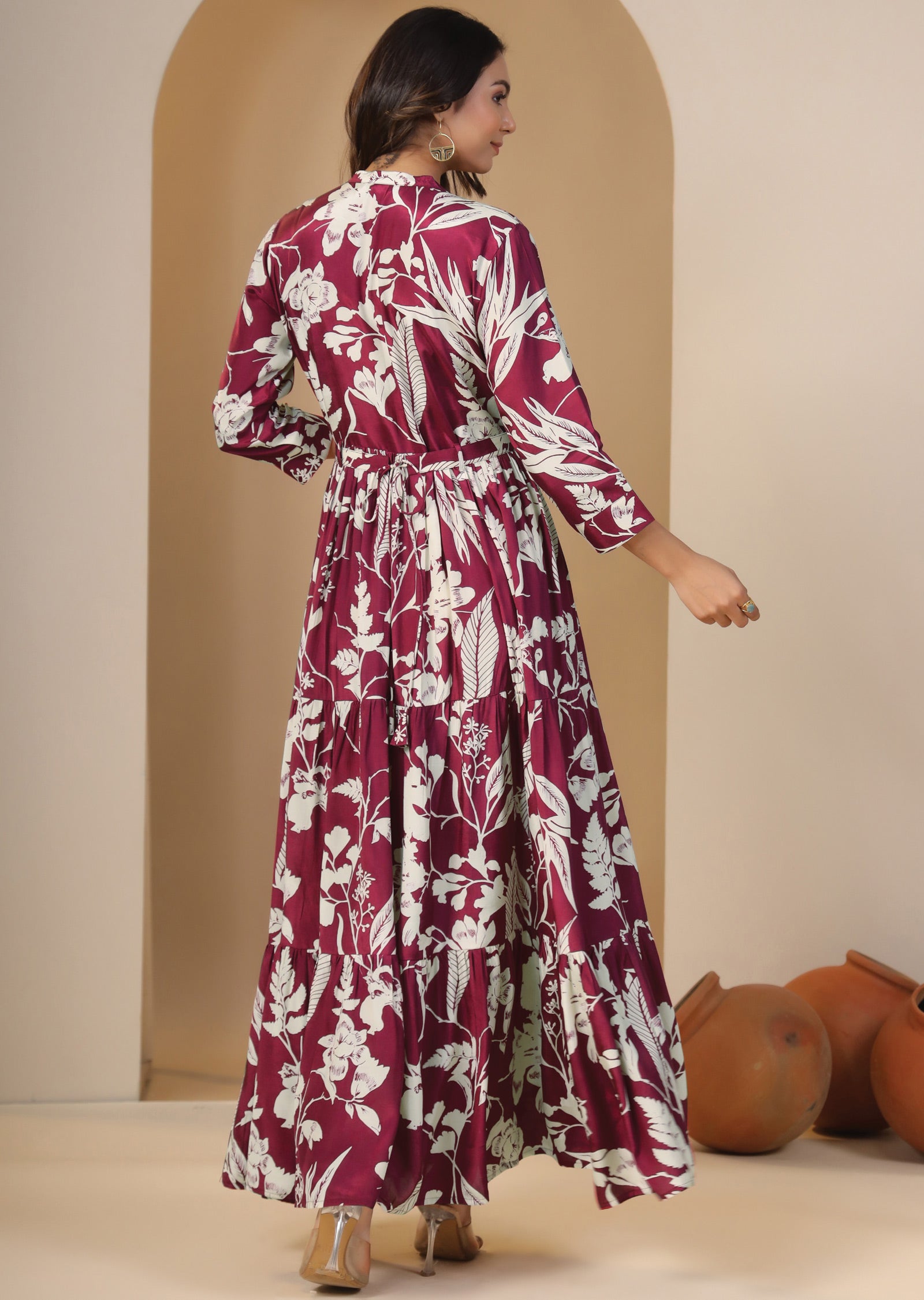 Magenta & Beige Muslin Long Dress