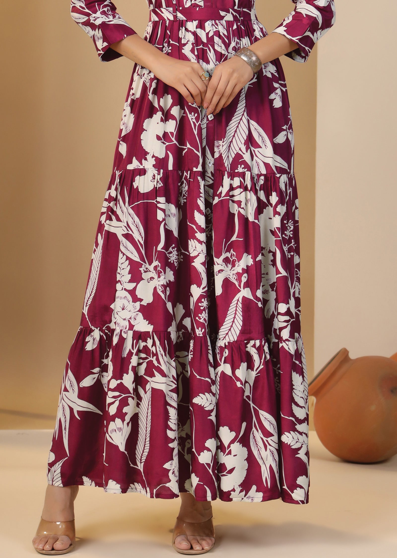 Magenta & Beige Muslin Long Dress