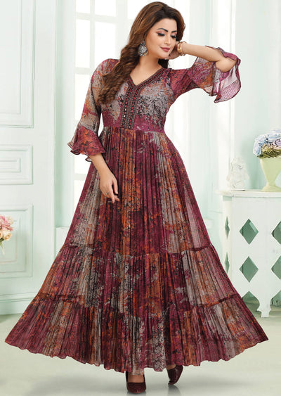 Magenta & Grey Georgette Long Dress