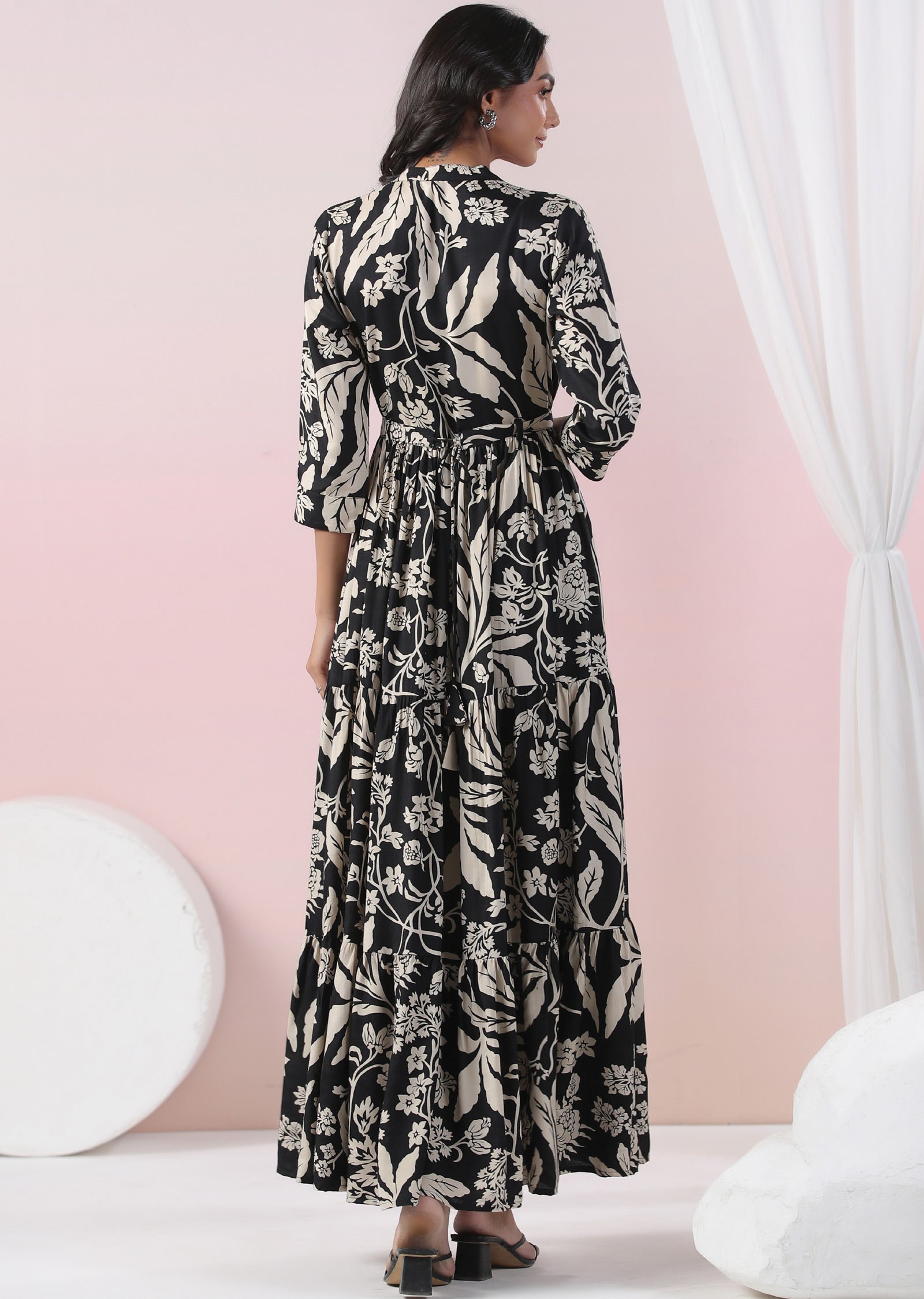 Black & Beige Muslin Long Dress