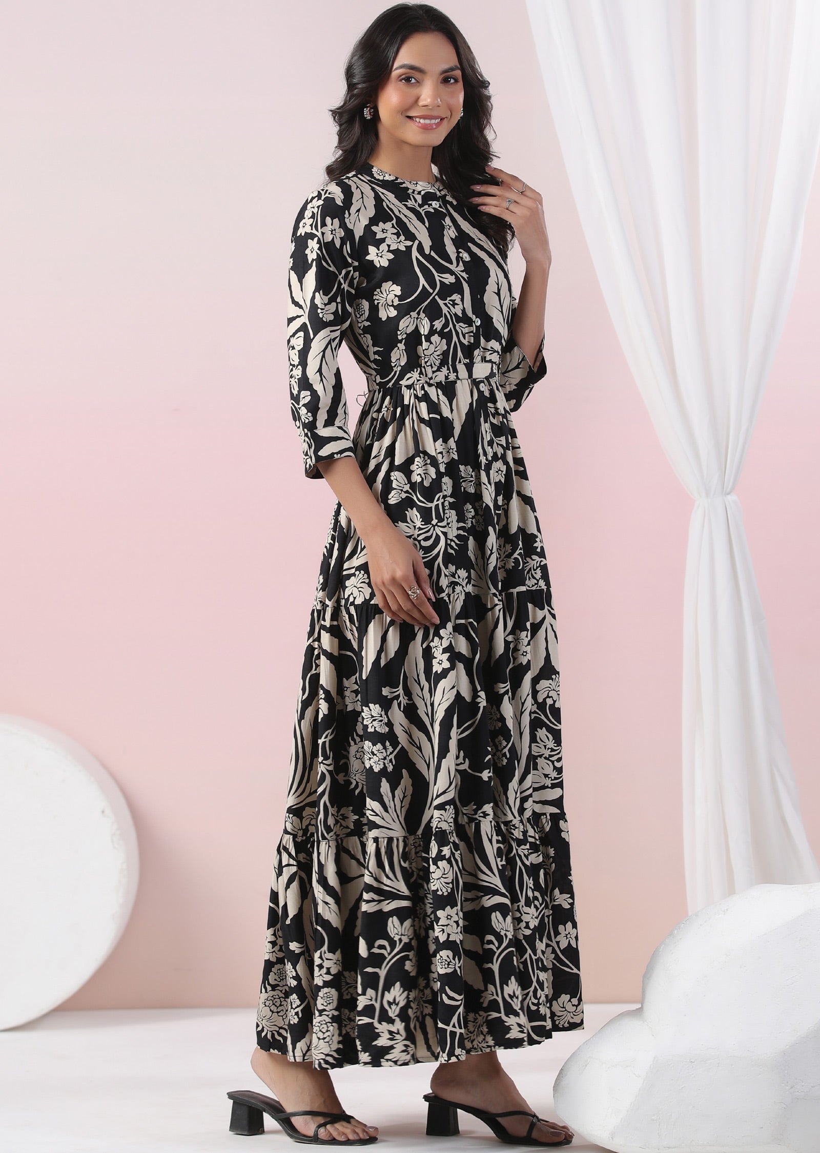 Black & Beige Muslin Long Dress