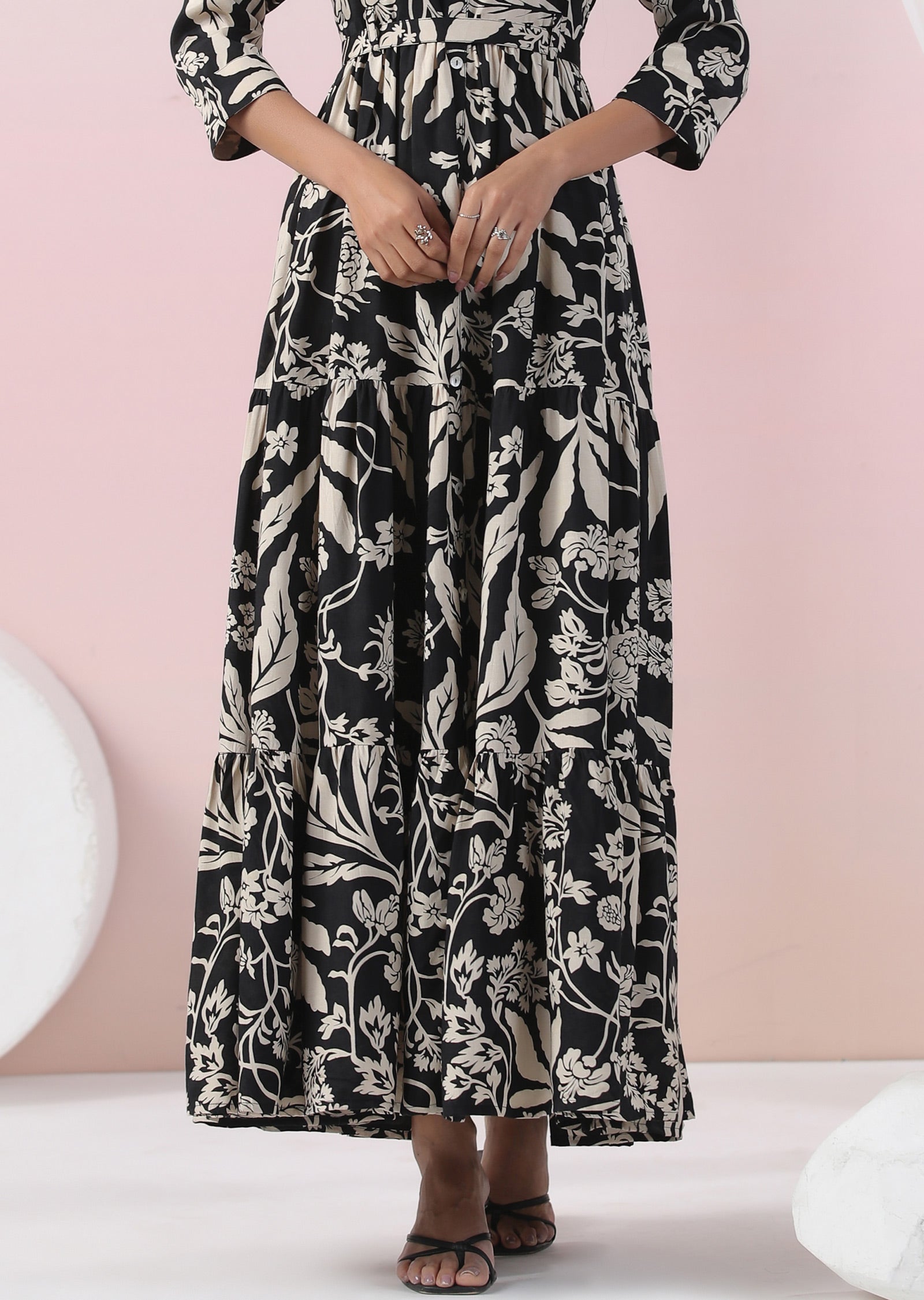 Black & Beige Muslin Long Dress