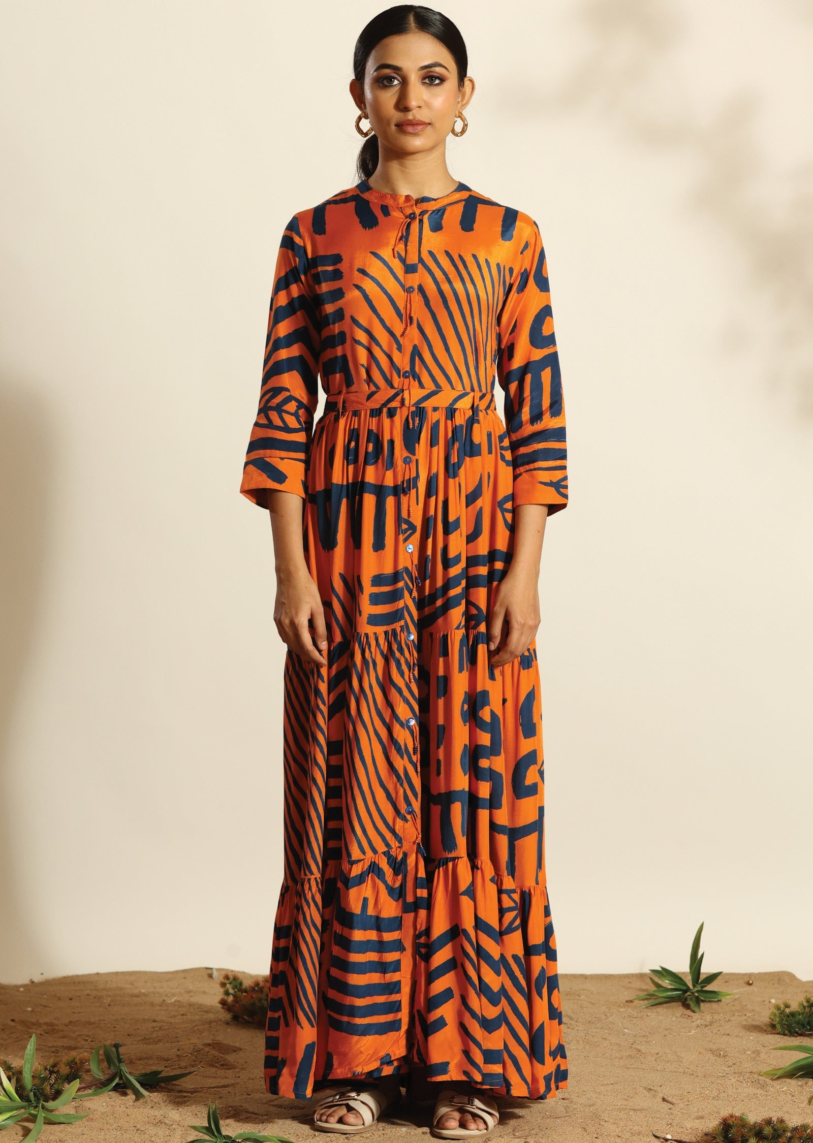 Orange & Blue Russian Silk Long Dress
