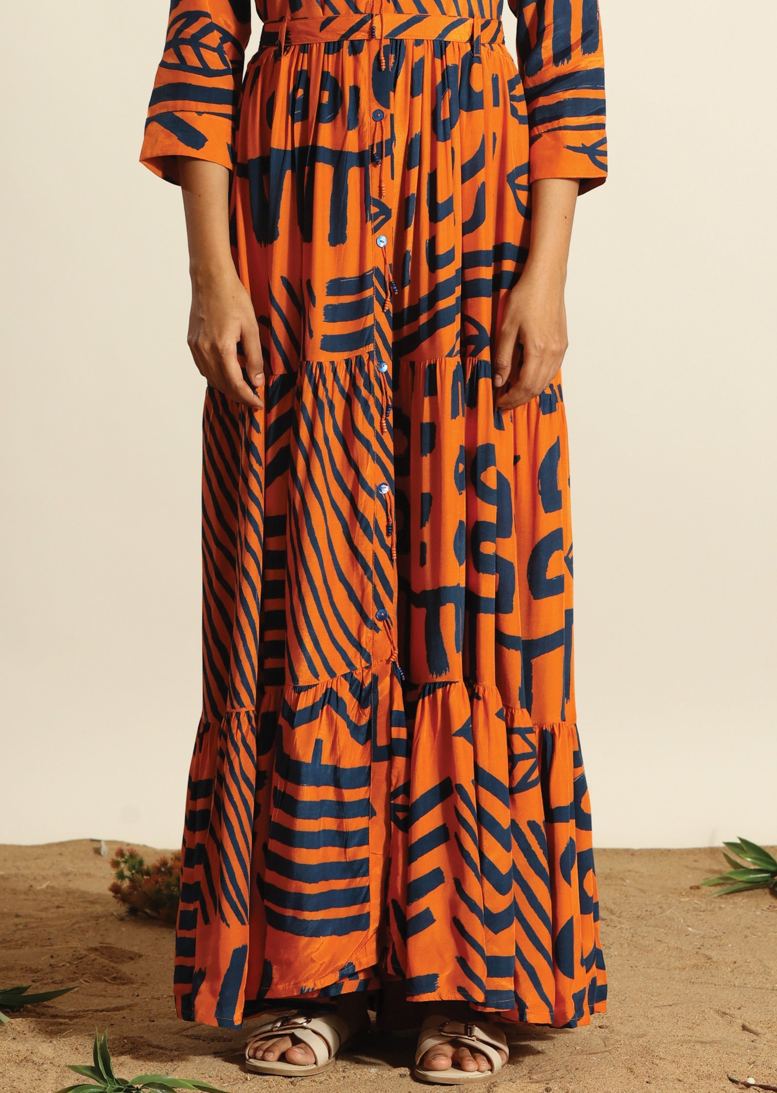 Orange & Blue Russian Silk Long Dress