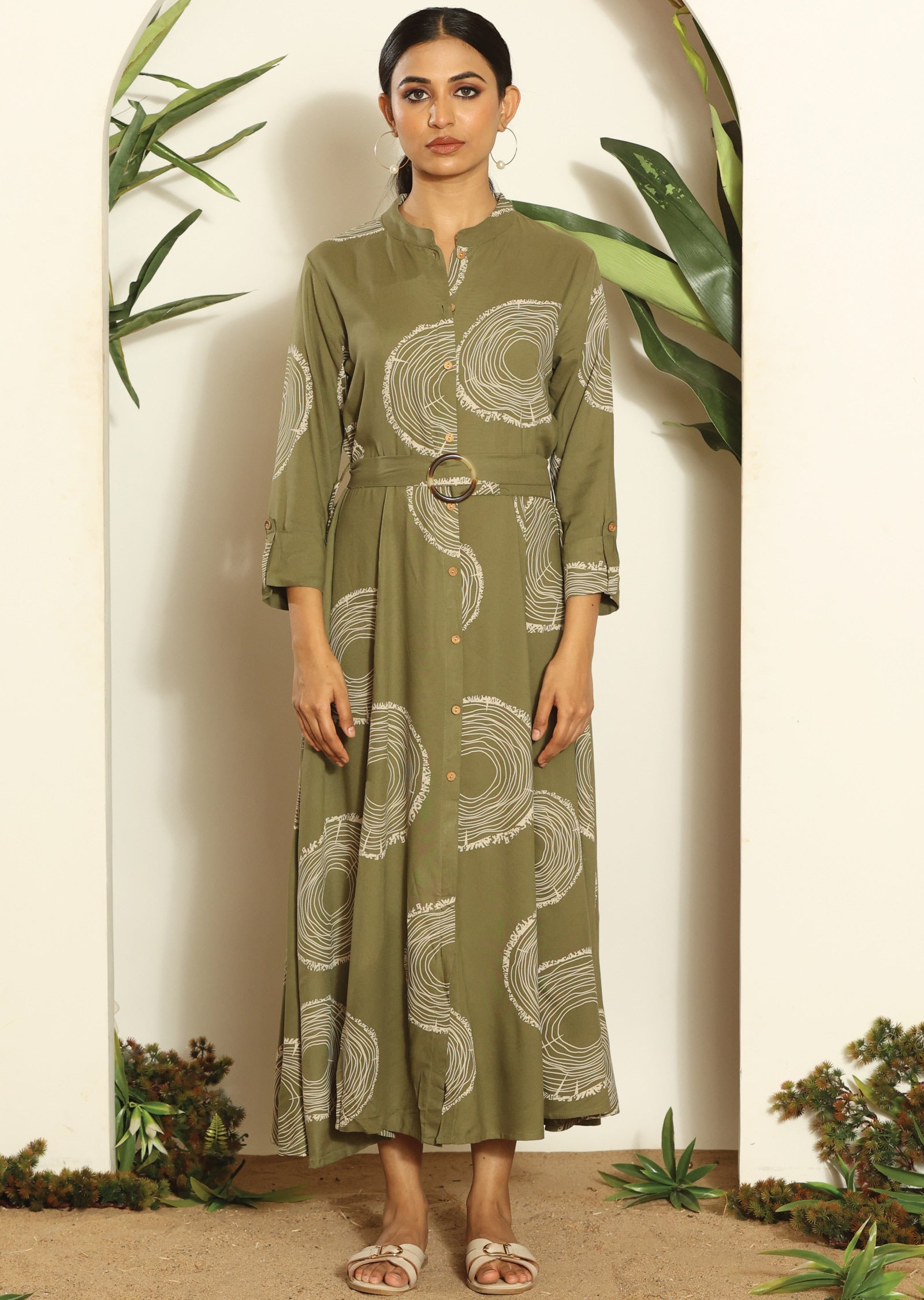 Mehendi Green & Beige Russian Silk Long Dress