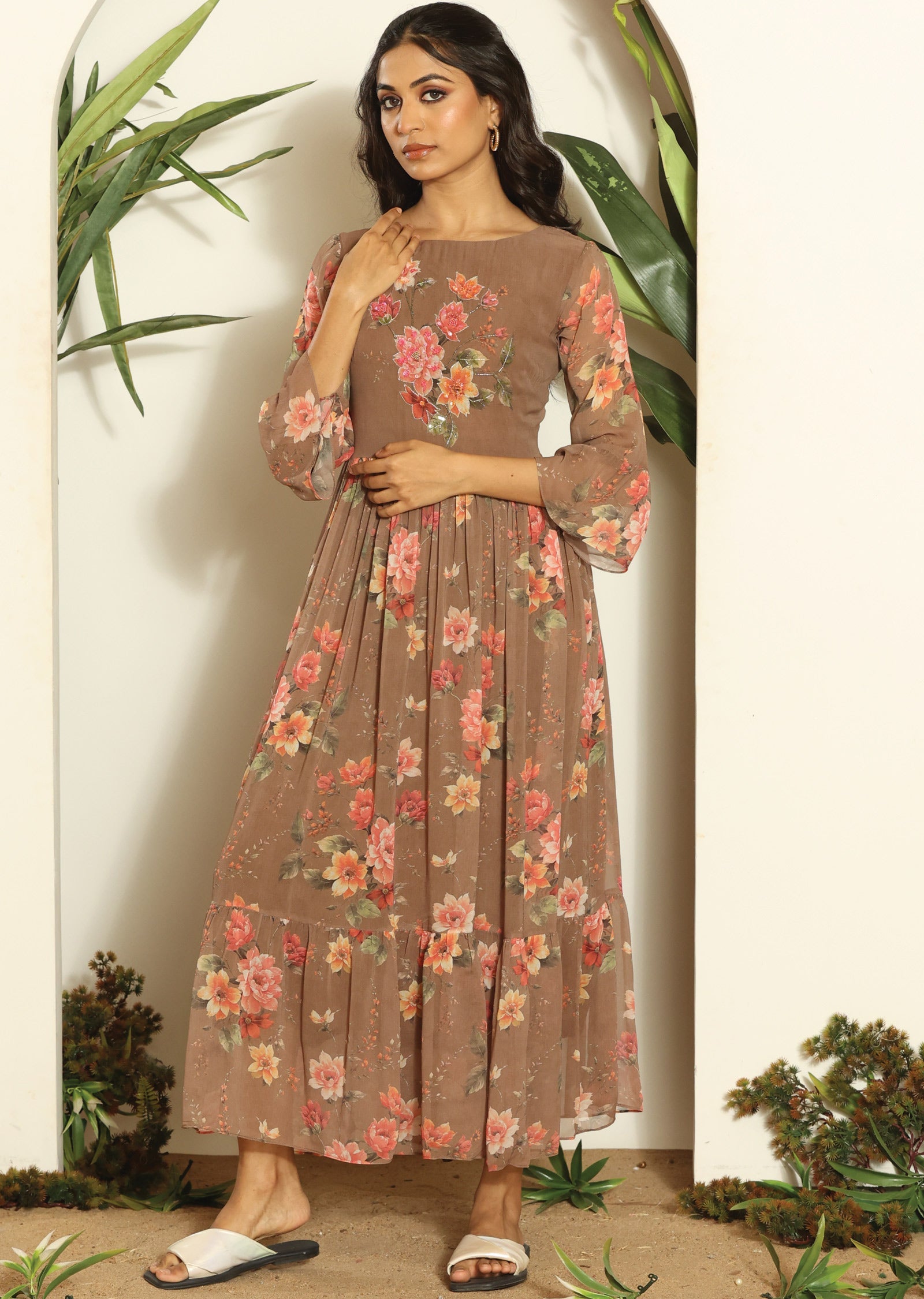 Brown Georgette Long Dress